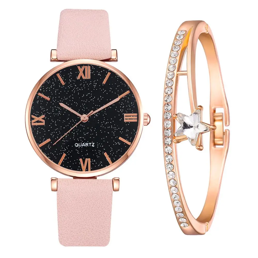 

2020 Fashion Leather Strap Starry Sky Ladies Casual Quartz Wristwatch Women Watches Bracelet set Clock Relogio Feminino
