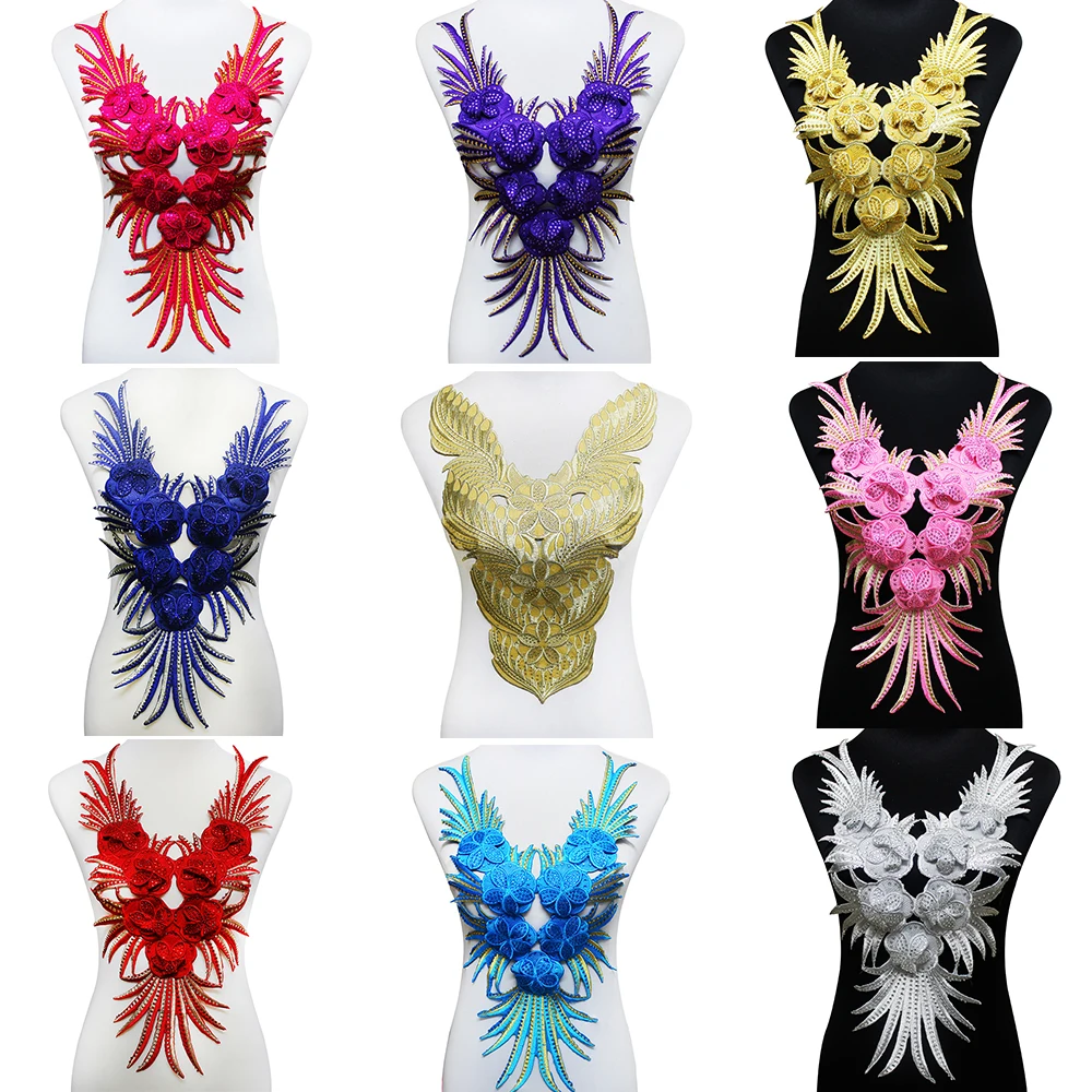 2 шт 3D бисером Стразы Шея Кружевная аппликация на воротник патч с кружевным