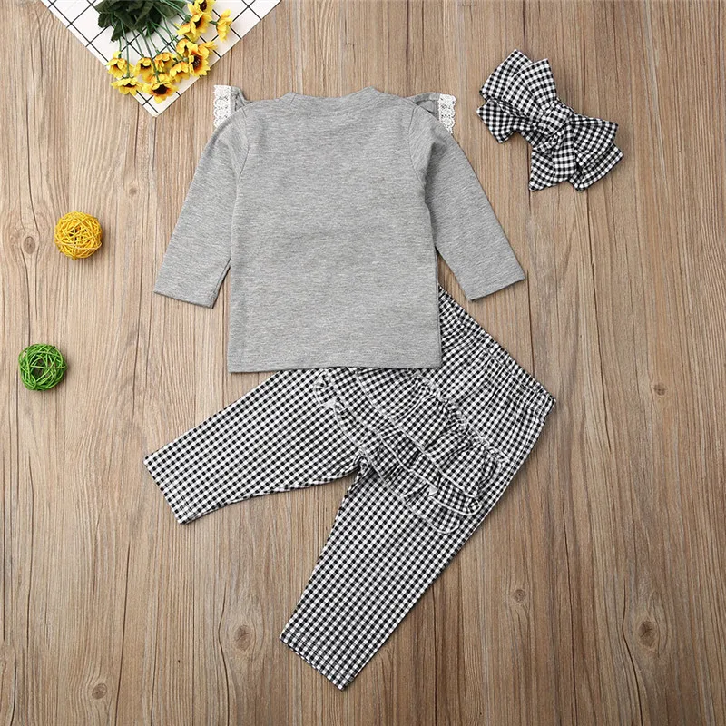 Комплект одежды в клетку с оборками для маленьких девочек кружевной топ + длинные