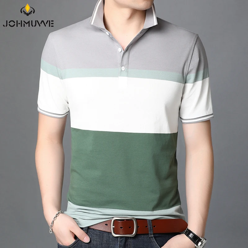 

JOHMUVVE New Men Lapel Short Sleeve Fashion Trend All-match Casual Business Work Striped Stitching Polo Men Summer