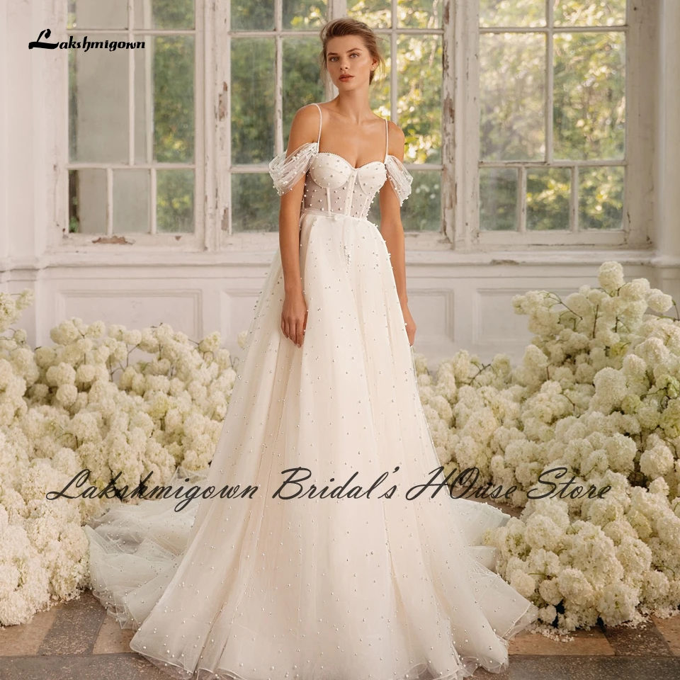 

Lakshmigown Chic Bridal Pearls Princess Wedding Dress 2022 See Through Sexy Women Receipt Wedding Gowns Spaghetti Straps