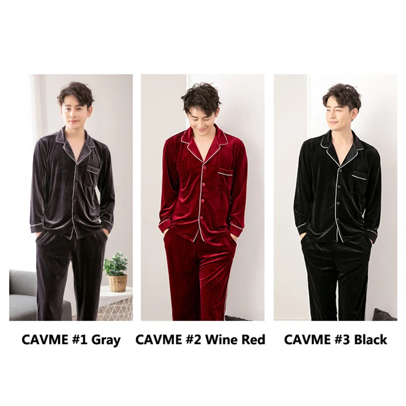 CAVME Male Pajama Sets Winter Velour Sleepwear Full Sleeve Pyama Sets 2 Pieces Solid Color PLUS SIZE