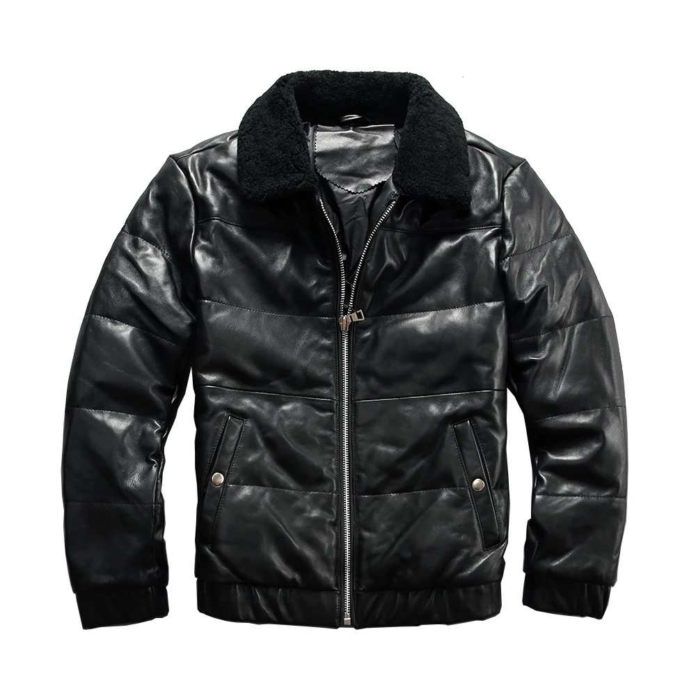 

fur collar genuine men winter down black sheepskin men's coat real leather jacket male