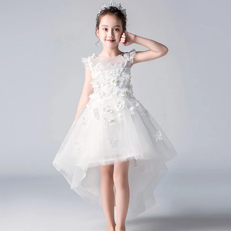 Цветочное платье для девочки белое свадебное с лепестками вечерние платья