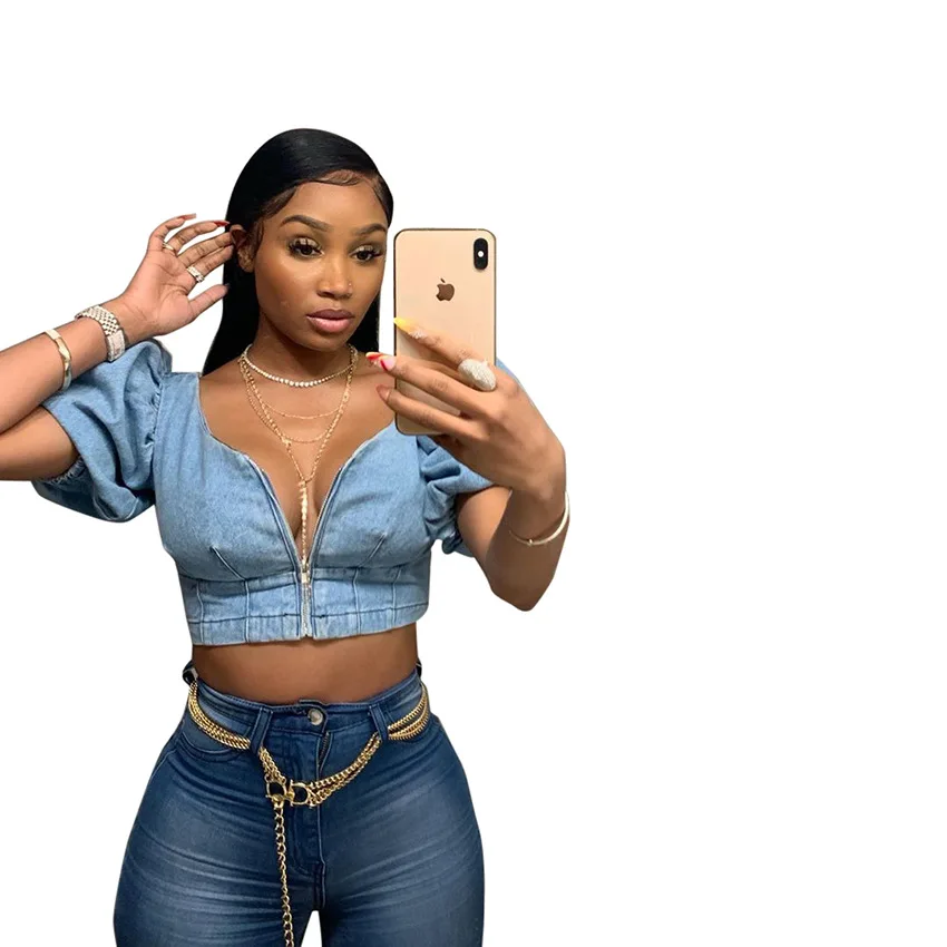 

New sexy solid party denim shirt summer fashion slim V-neck zipper short sleeve women's top