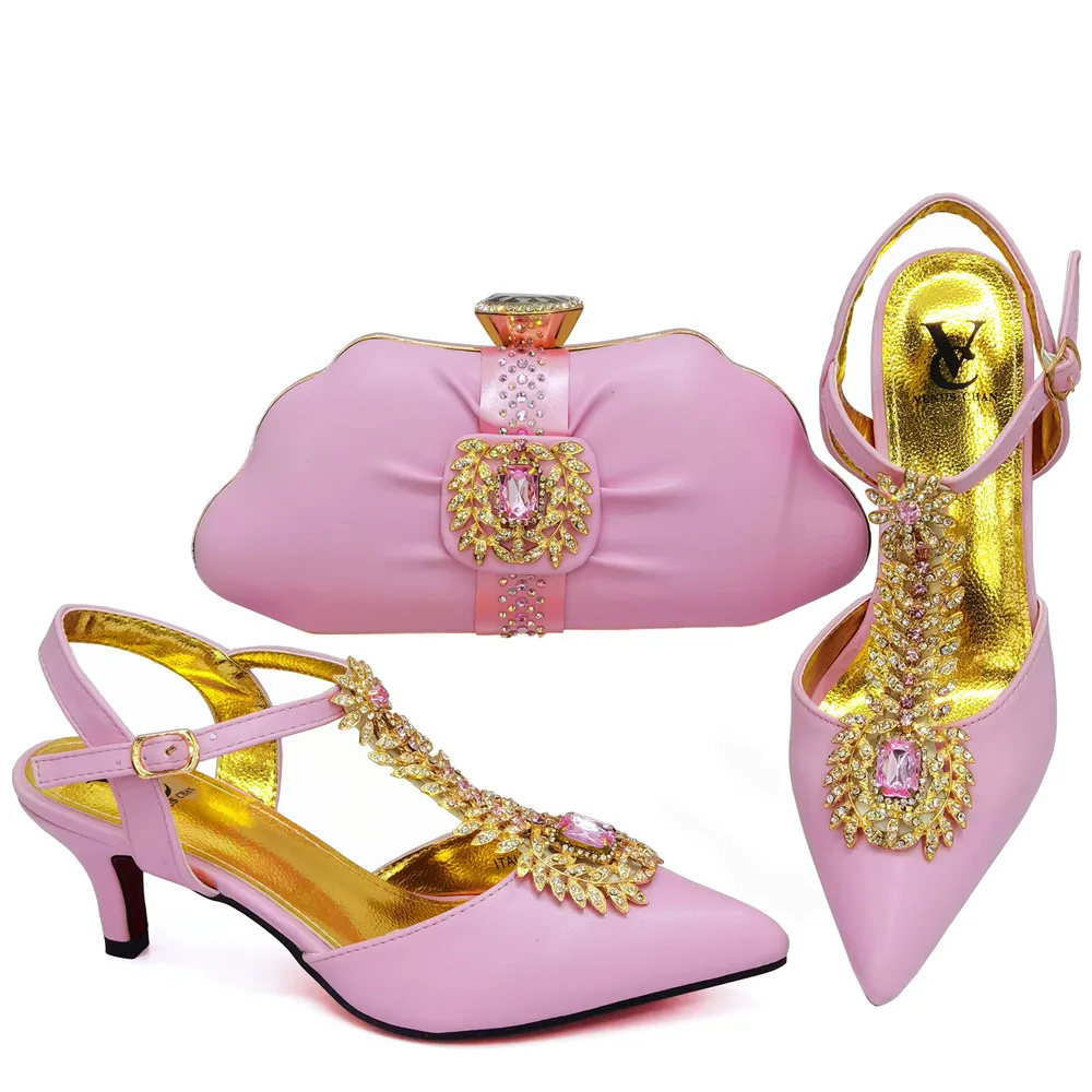 

Summer New Arrivals African Design Italian Women Shoes and Bag To Match High Quality with Shinning in Pink Crystal For Wedding