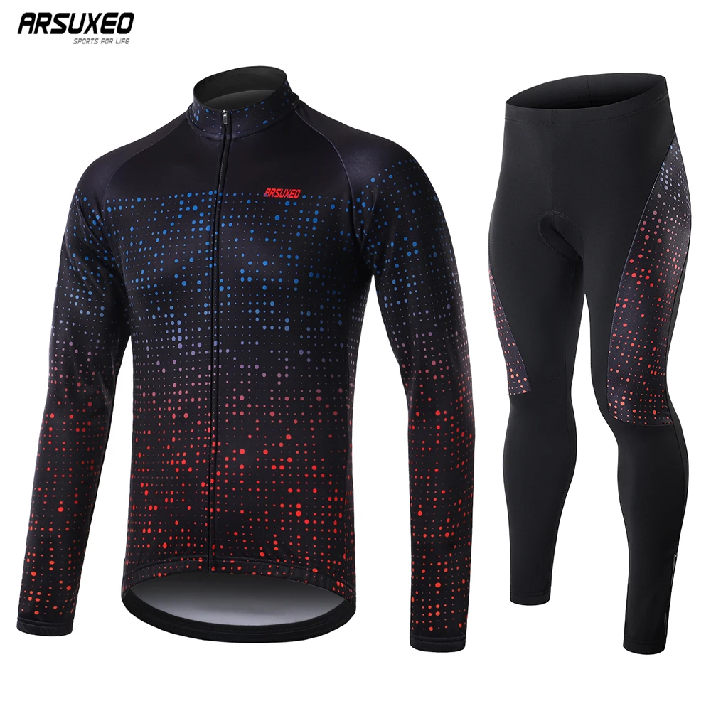ARSUXEO Men's Winter Fleece Cycling Jersey Set Pro Long Sleeve Clothing Mountain Bike Pants MTB Bicycle Suits Wear ZF0X | Спорт и