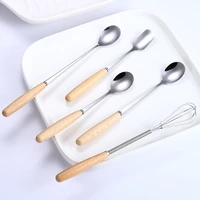 5 pcs mixing spoon sets ice cream scoops stainless steel wooden handle coffee spoon small dessert spoon metal spoon for kids