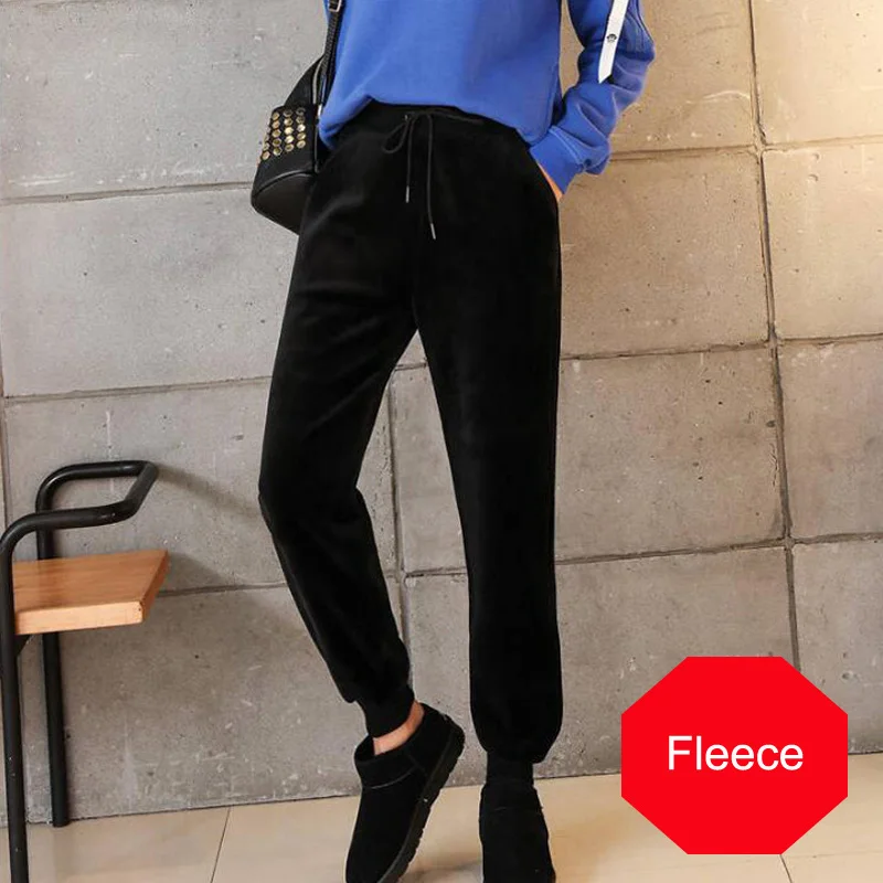 Black Fleece Женские теплые спортивные штаны для бега с эластичной резинкой на талии, спортивные уличные брюки размера плюс, готические брюки с высокой талией, 3XL - Цвет: Black Fleece