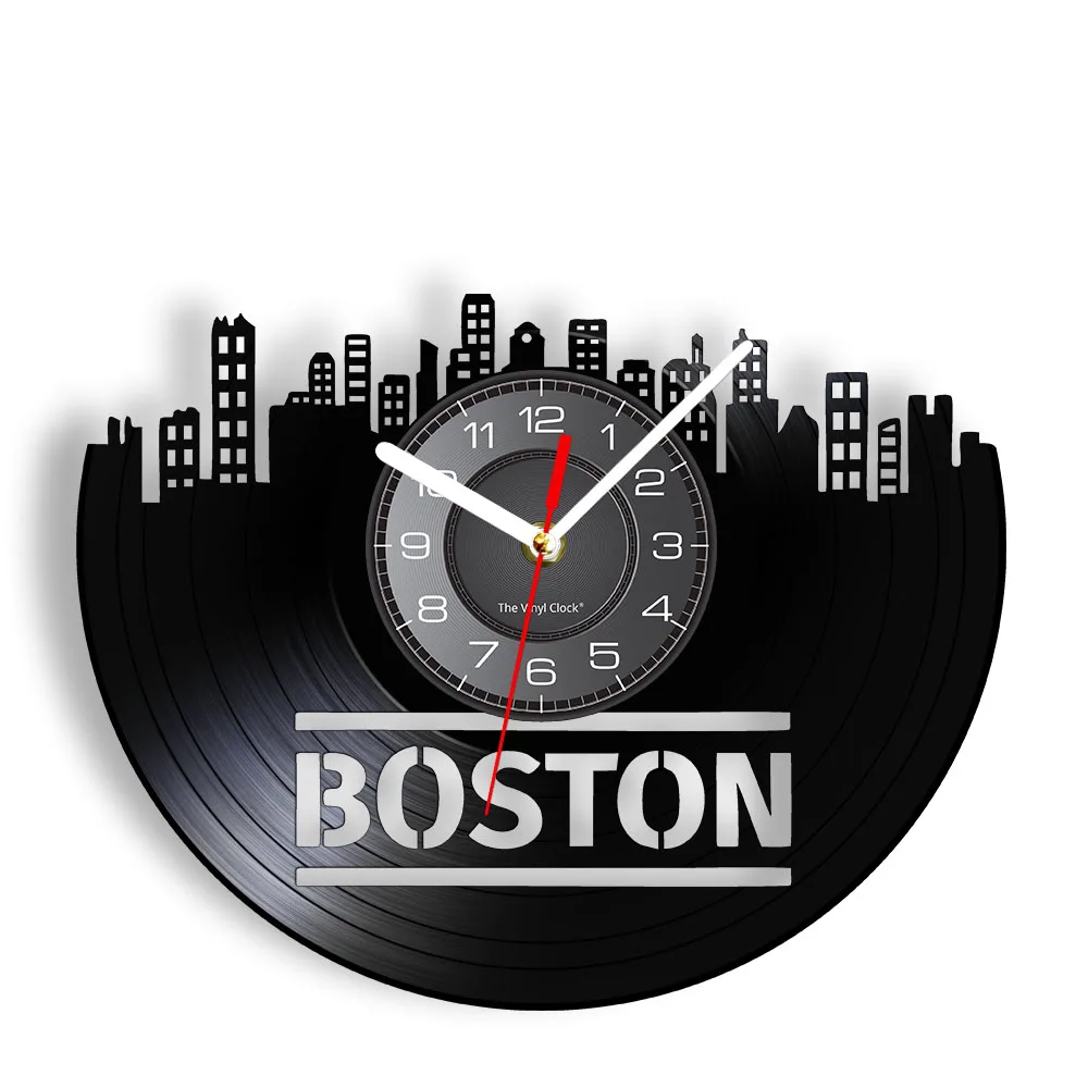 Massachusetts Boston Skyline Vinyl Record Clock MA Cityscape Home Office Wall Decor Vinyl CD Disc Crafts Clock Minimalist Art
