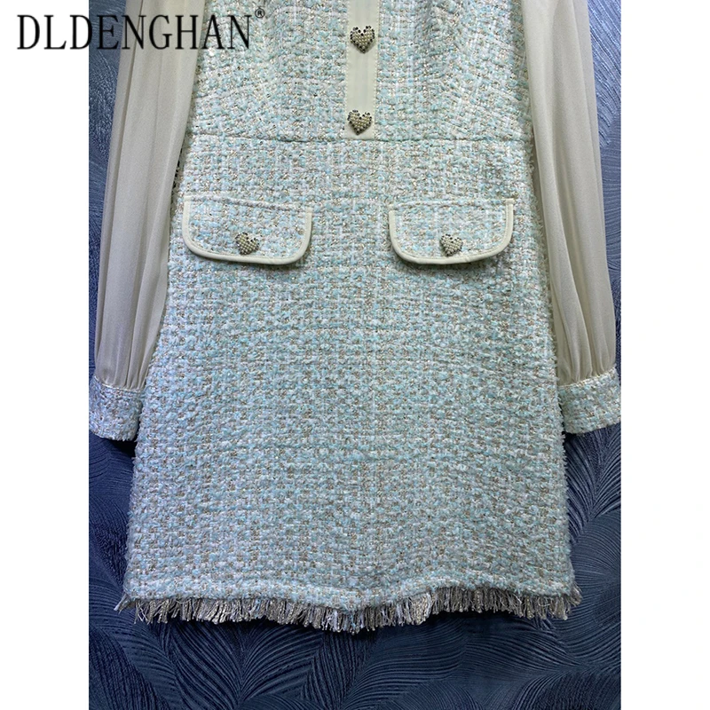 

DLDENGHAN Fashion Embroidery Mini Dress Women'sLong Sleeve Beading Button Patchwork Tweed Dresses Designer Spring New