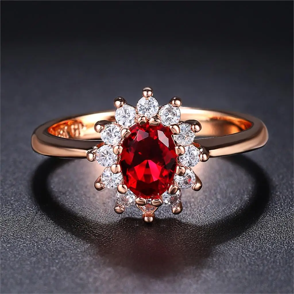 rose gold red Двойная ярмарка королевские классические свадебные Большие кольца для женщин синий и красный кристалл розовый белый золотой цвет обручение модные украшения DFR076 - Цвет основного камня: rose gold red