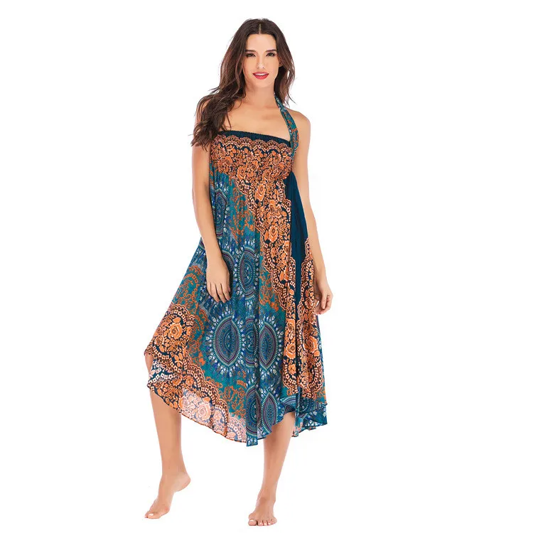 Женская длинная юбка с цветочным принтом эластичная бандажная лямкой на шее в