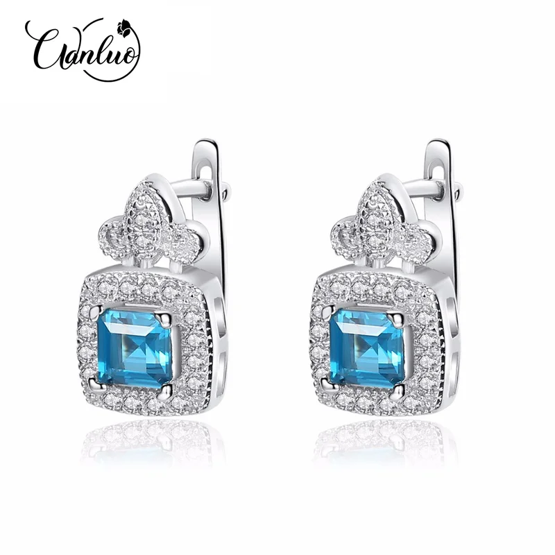 

WANLUO Blue Topza Earrings for Women 925 Sterling Silver Tiny CZ Paved Clip Earring for Women Fine Jewelry Gift Boucle D Oreille