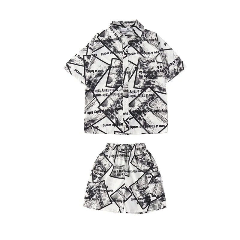 

Kid Hip Hop Clothing Cool Print Button Down Shirt Short Sleeve Shorts for Girls Boys Jazz Dance Costume Ballroom Dancing Clothes