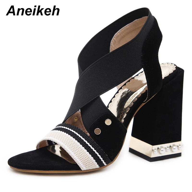

Aneikeh 2023Summer Shoes Stretch Fabric Sandals Lady Square heel Open Party Sewing Elastic Band Back Strap Classics Mixed Colors