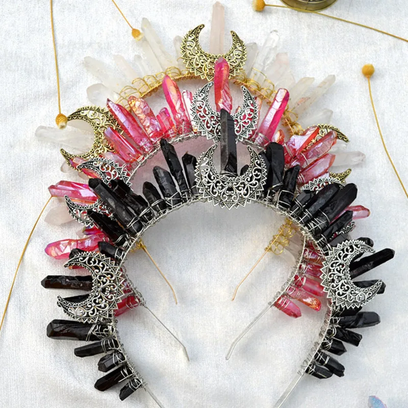 

Raw Crystal Quartz Tiara Crown Moon Headband Retro Moon Witch Wizard Crown Wedding Bridal Sun Goddess Headdress Hair Accessory