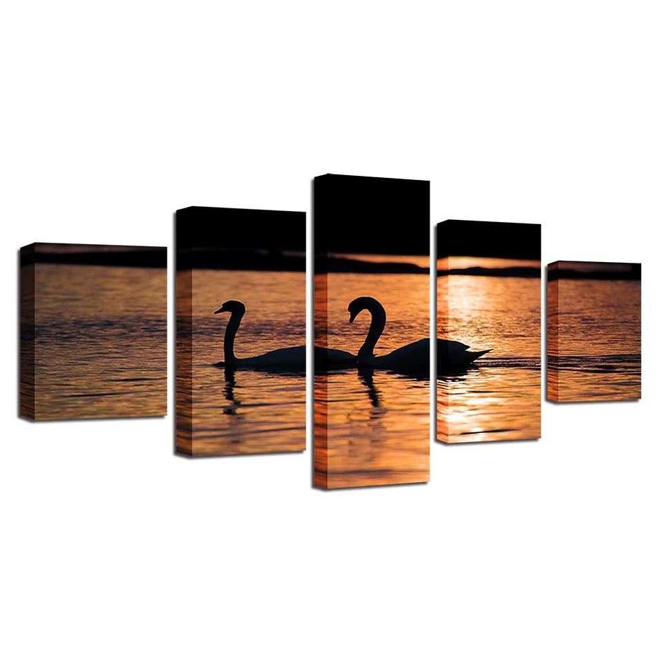 

Animals Poster Wall Art 5 Pieces Swans In The Lake Swim Sunset Scenery Canvas Painting Home Decor Modular Pictures No Frame