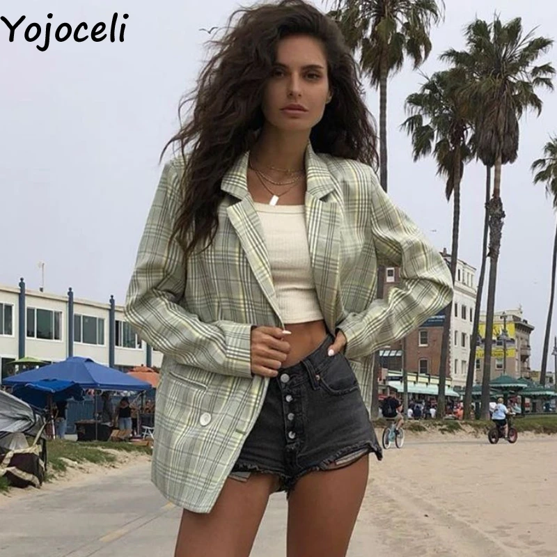Yojoceli сексуальный крутой элегантный клетчатый женский Блейзер Осенние карманы