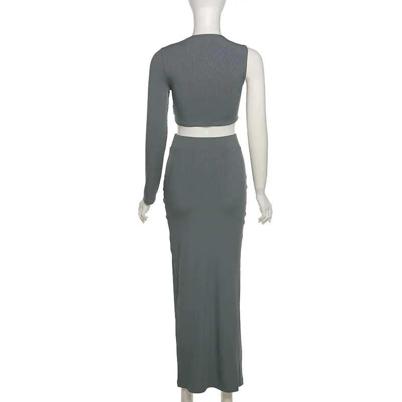 

ANJAMANOR Sexy Two Piece Set Women Party Clubwear High Slit Long Skirt and Top Elegant Gray Knitted Bodycon Dress Sets D96-CE23