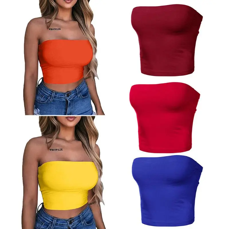 Женский облегающий эластичный укороченный Топ без бретелек с открытыми плечами