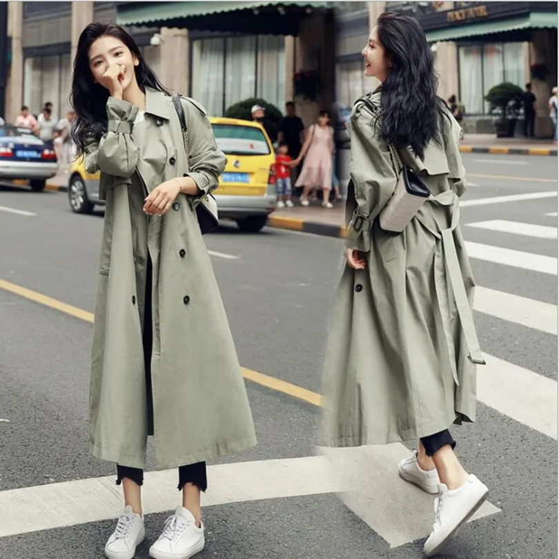 

England Style Double-Breasted Long Women Trench Coats Belted with Flaps Spring Autumn Lady Windbreaker Duster Coat Female Clothe