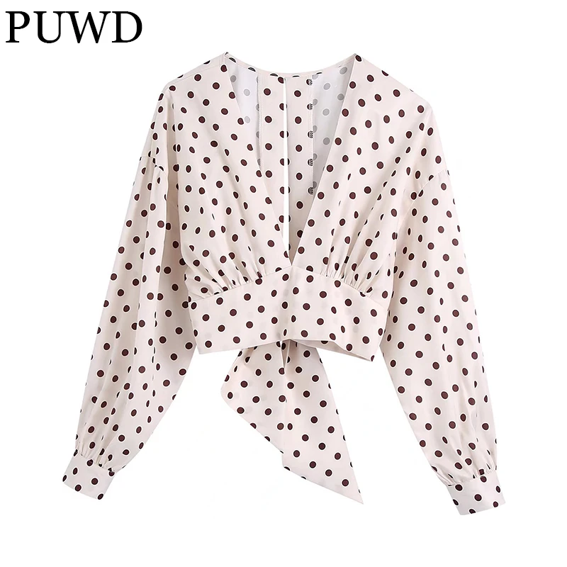 

PUWD Casual Women Polka Dot Shirt 2021 Autumn Streetwear Fashion High Waist V-neck Sexy Backless Lacing Slim Female Short Tops