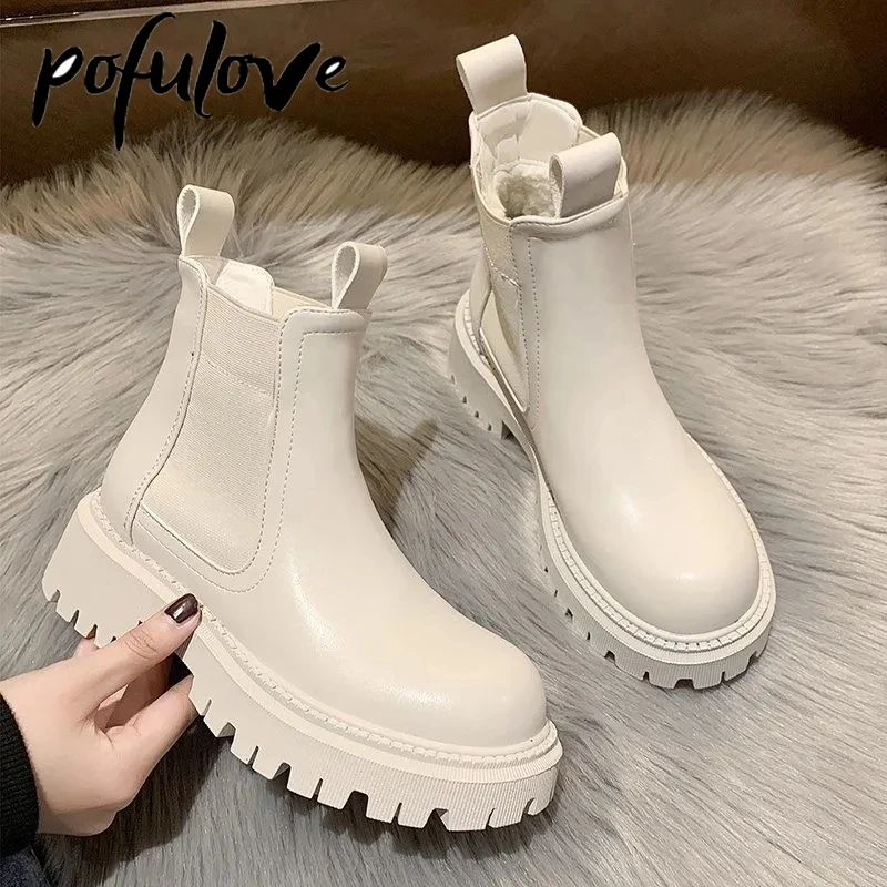 

Pofulove Winter Boots PU Leather Shoes for Women Chelsea Ankle Boots Platform Booties Fashion Designer Black Boots Goth Zapatos