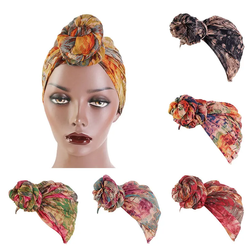 

Bonnet Patterened Hijabs Hat Pan Flower Resuable Round Head Cover Turban Islam muslim head scarf Hat Islamic shawls Cap bubble