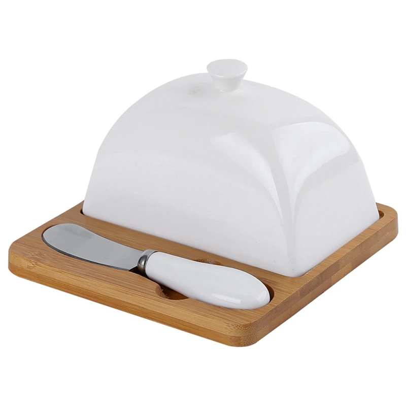Prato de Manteiga de Madeira Cerâmica com Faca Utensílios de Mesa Quadrado Cobertura Alça Porcelana Queijo Placa Sobremesa Pan Manteiga Keeper &
