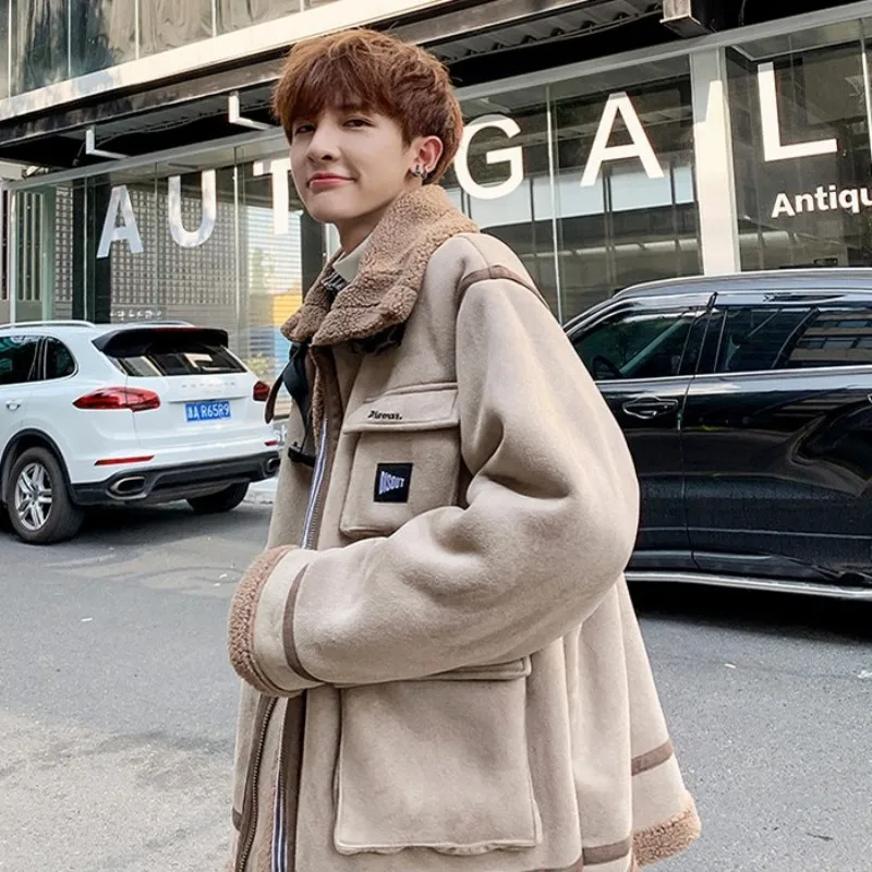 Plus Size 5XL Thicken Suede Cotton Jacket Men Japan Style Casual Winter Warm Loose Outerwear College Street Biker Khaki | Мужская одежда