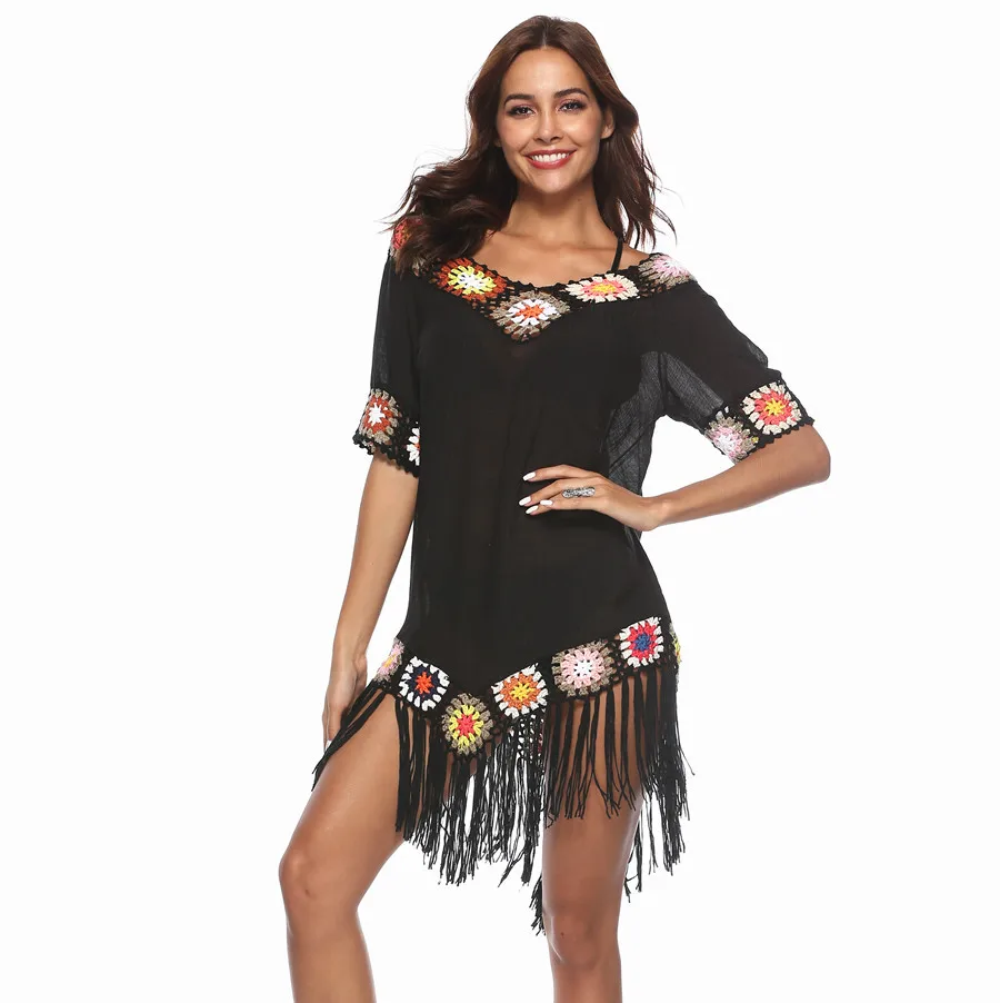 Женский богемный Свободный вязаный пляжный купальник длинная туника топы