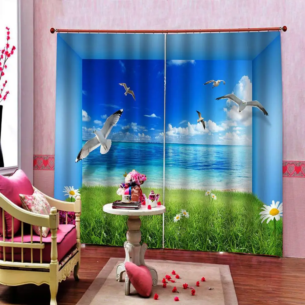저렴한 창 커튼 바다 풍경 사진 거실 커튼 확장 공간 하늘 비둘기 디자인 커튼 블라인드 기성품 커튼