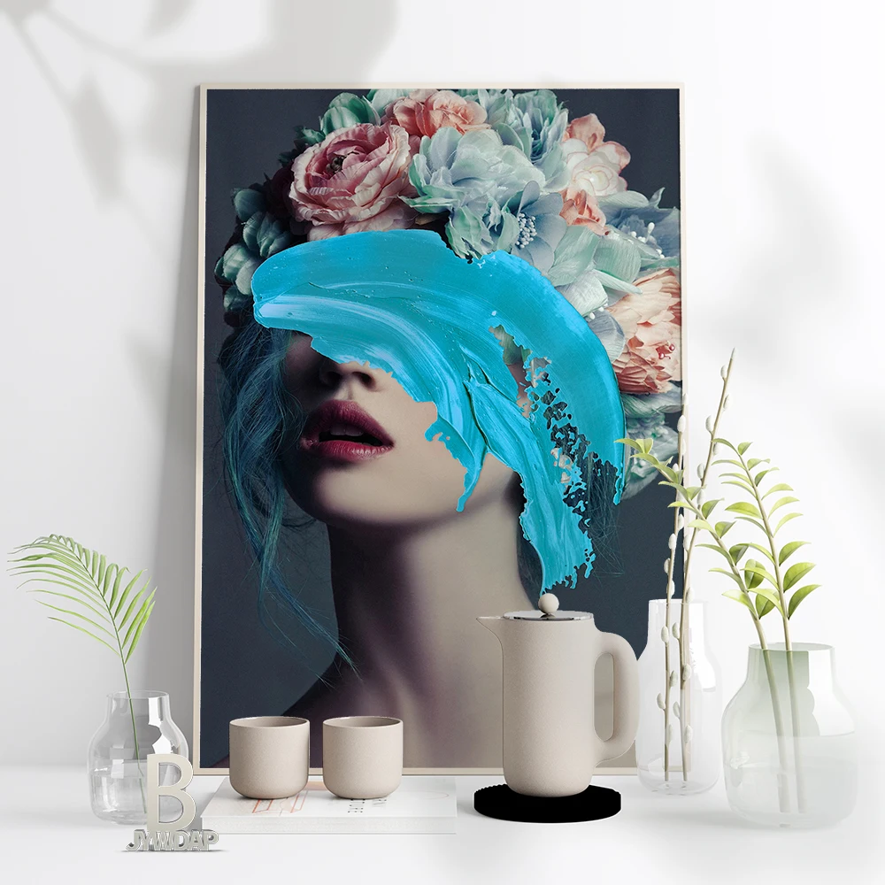 

Nordic Blue Watercolor Pigment Flowers Feathers Woman Abstract Canvas Painting Wall Art Print Poster Living Room Bedroom Decor