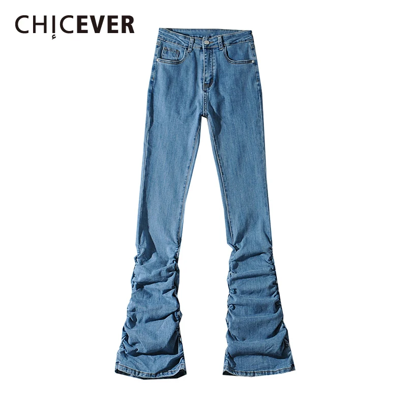 

CHICEVER Streetwear Solid Fold Pleated Baggy Jeans For Women High Waist Casual Slim Flare Leg Denim Pants Female 2021 Clothing