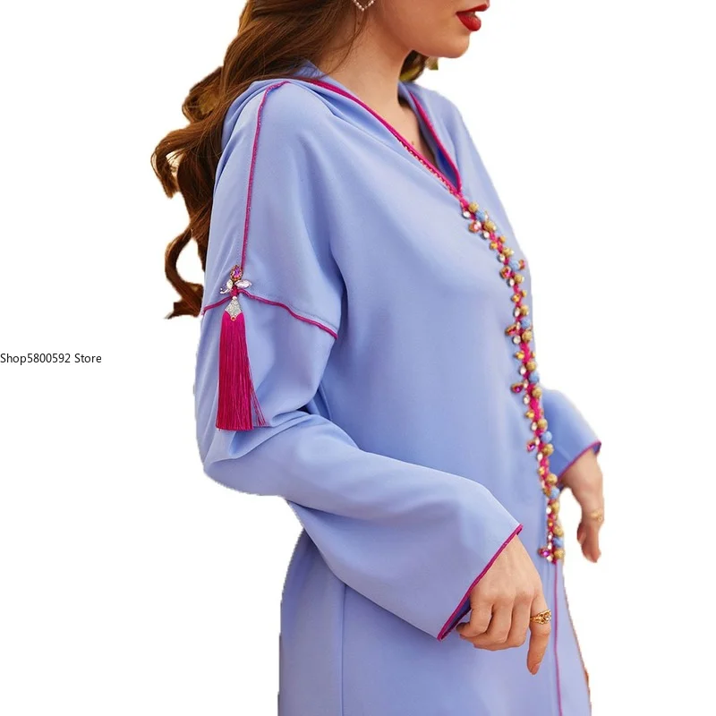 2022 Muslim Fashion Women Dress Solid Color Long Sleeve Beading Hooded Temperament Casual Autumn Winter Long Ladies Dress