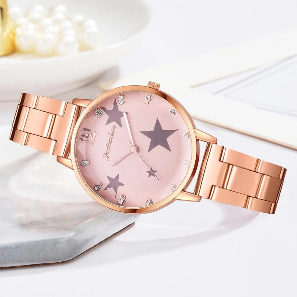 

Fashion Ladies Watch Set Star Pattern Dress Rhinestone Bracelet Watch Set Elegant Women Watches Rose Gold WristWatches Clock