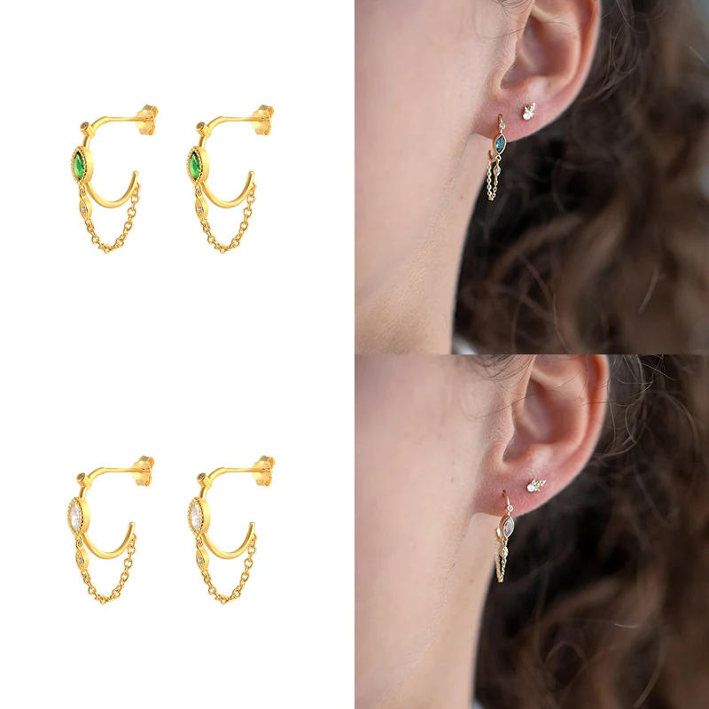 

GS Luxury Bling S925 Sterling Silver Stud Earrings For Women Geometric CZ Zircon Earring Chain Tassel Jewelry Gifts pendientes