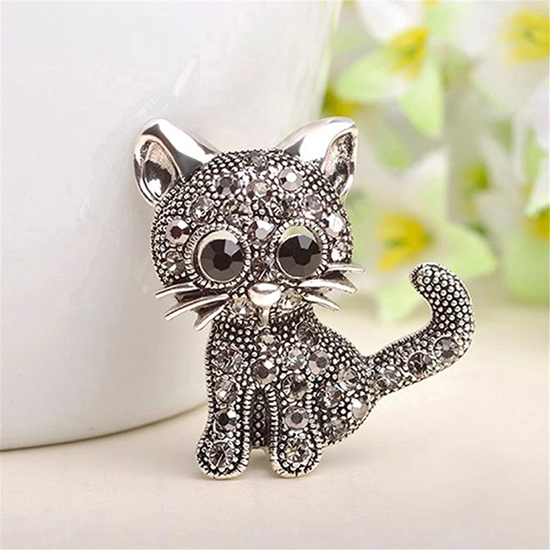 

Cute Black Small Cat Brooches for Women Accessories Vintage Rhinestone Brooch Pins Badge Children's Gifts Animal Alloy Trendy