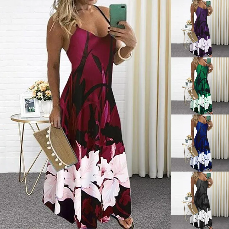 

Summer Sexy Fashion Style 2021 New Women Spaghetti Strap V-neck Printing Plus Size Sleeveless Long Dress S-5XL