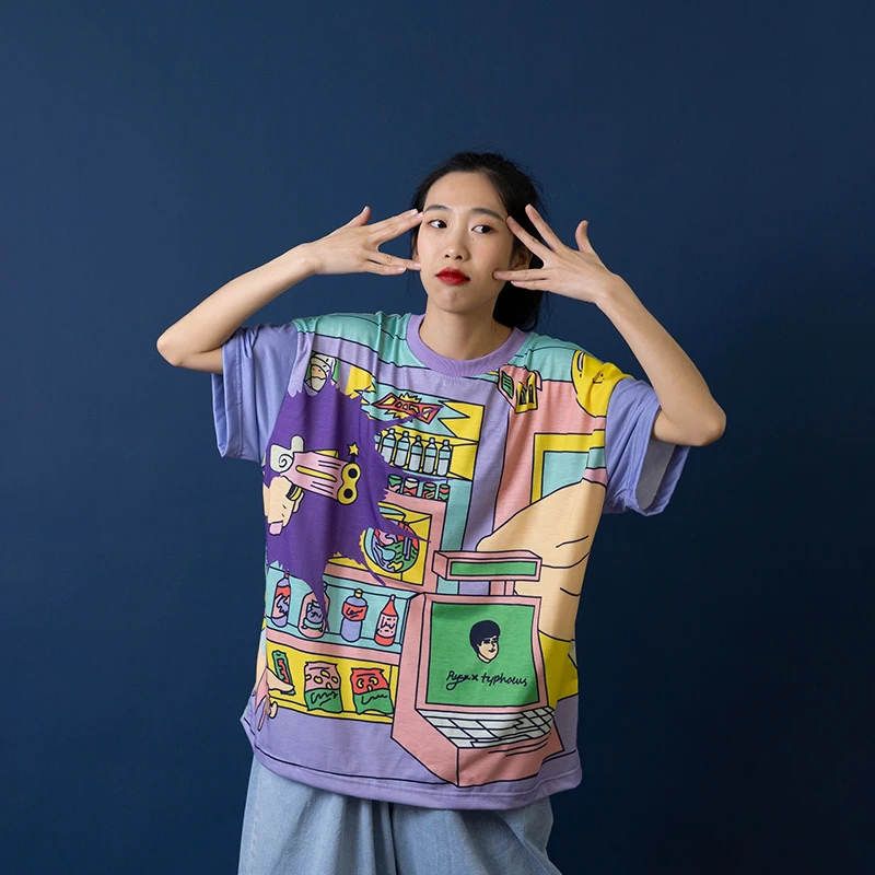 

HWLZLTZHT Harajuku Original Womens Loose Tee Shirt Tops O-Neck Short Sleeve Ladies T-shirts Mixed Color Summer New T-Shrits