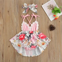 2pcs baby summer outfit floral lace up v neck sleeveless backless strappy romper hairband for toddler girls 0 24 months