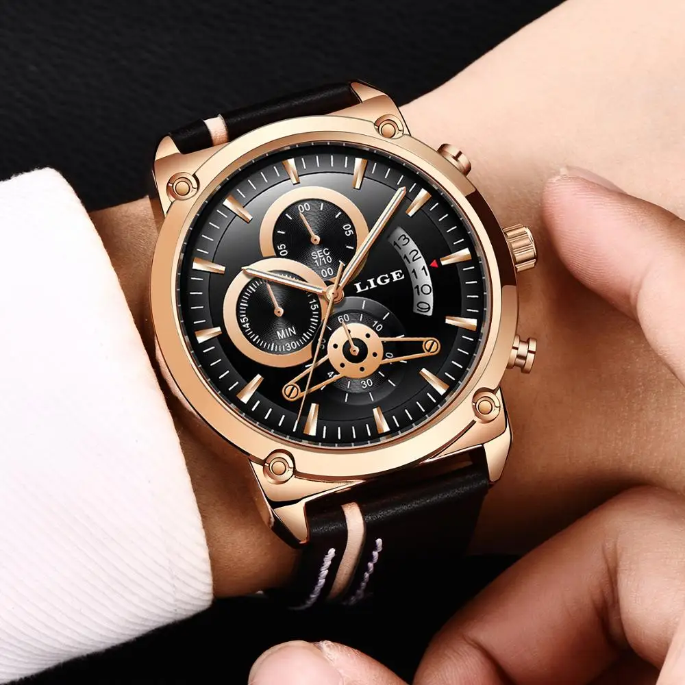 Часы наручные LIGE мужские с хронографом Брендовые спортивные водонепроницаемые в