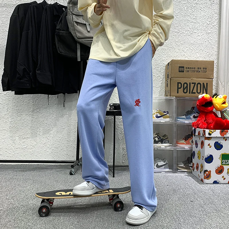 Осенние прямые повседневные брюки черные/синие мужские корейские свободные