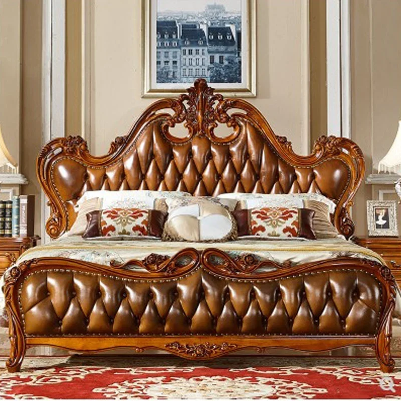 

European style solid wood carved bedroom double bed wedding bed deluxe storage bed master bedroom leather bed furniture
