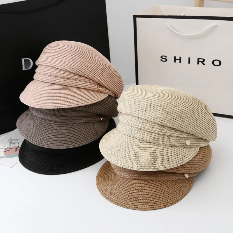 

Japan Designer Fashion Women's Summer Straw Hat Fold Brim Newsboy Cap Sun Hats Casual Octagonal Bucket Hat Women Visors Caps