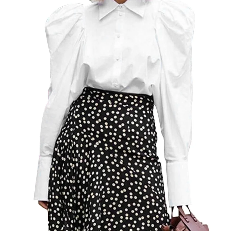 

Streetwear Puff Sleeve White Office Women Shirts Long Sleeve Buttons Casual Turn Down Collar Ruched Top