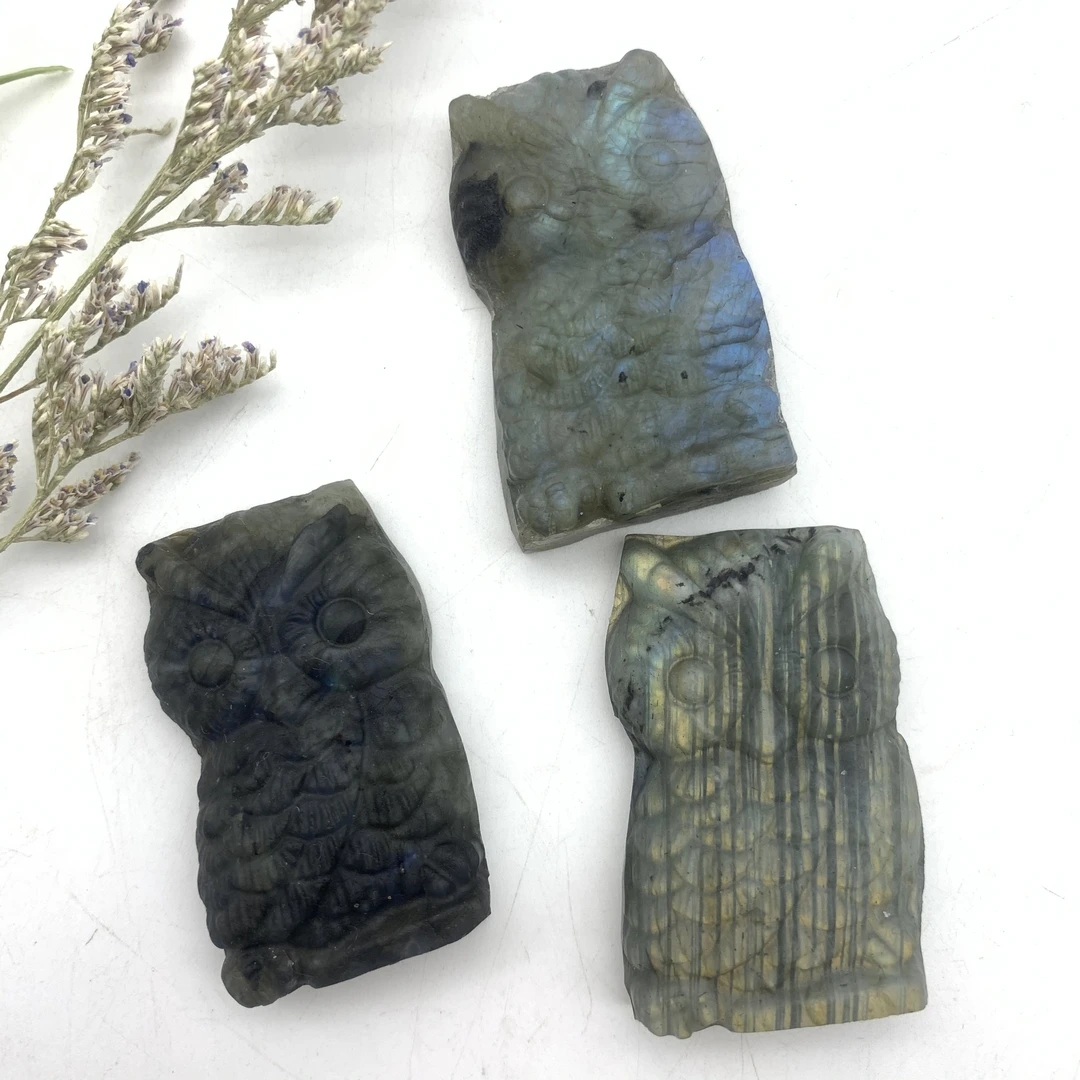 

Natural Labradorite Owl Crystals Hand Carved Polished Animals Healing Crystals Room Decoration Meditation Quartz