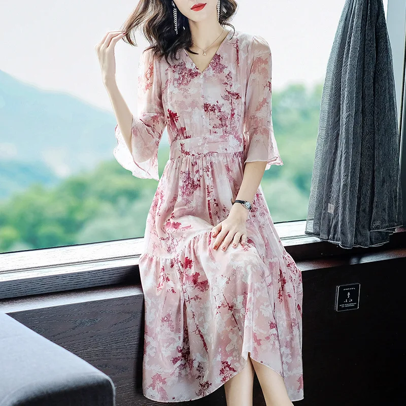 

High end women's silk printed long skirt silk floral dress summer 2021 new spring skirt 46431