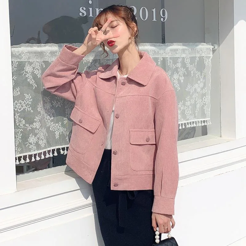 

Women's Velveteen lining corduroy short jackets Korean casual Basic loose pink coats Autumn chic Streetwear outwear 2021 New